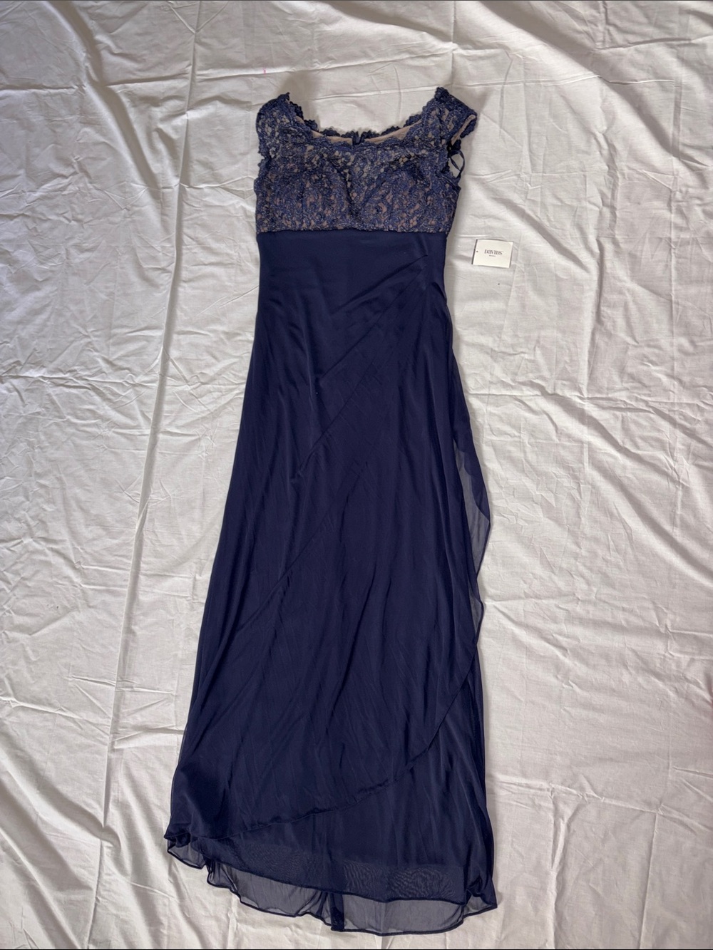 David's Bridal Navy Lace & Chiffon Cap-Sleeve Gown